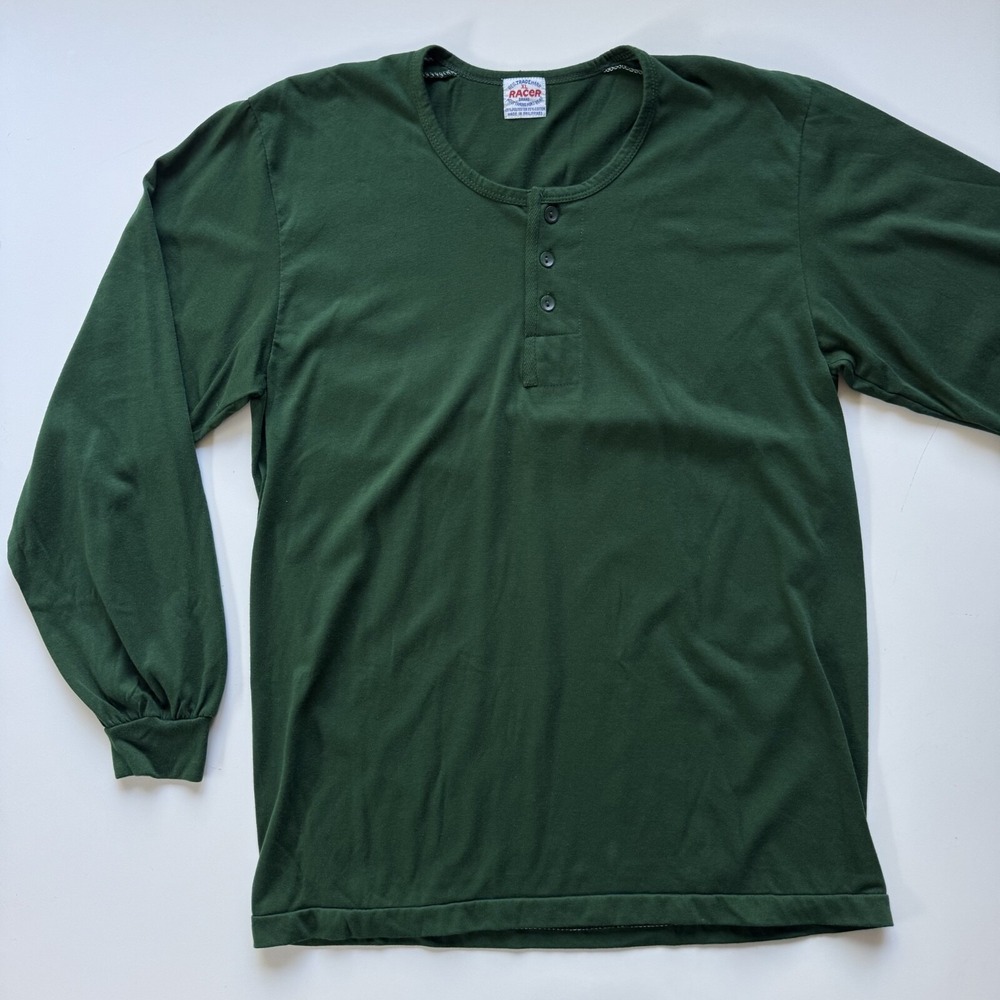 VTG RACER Brand Menswear Long Sleeve Henley Shirt XL (Fits Small) Green Vintage